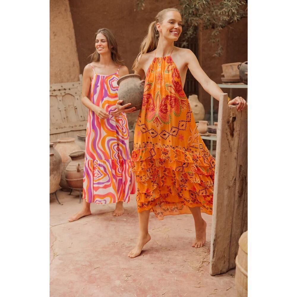 Sundress Maxi Dress M/L Floral Halter Tiered‎ Flounce Boho Resort Vacation Luxe - Picture 14 of 14